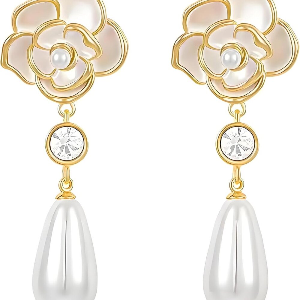 White Pressed Flower Pearl Dangle Earrings for Women Hypoallergenic Sparkle Whit